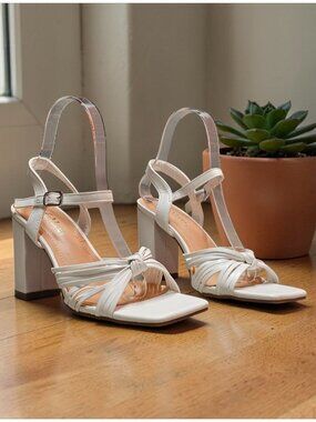 Strappy White Block Heel Sandals With Adjustable Ankle Strap & Knot Detail For W